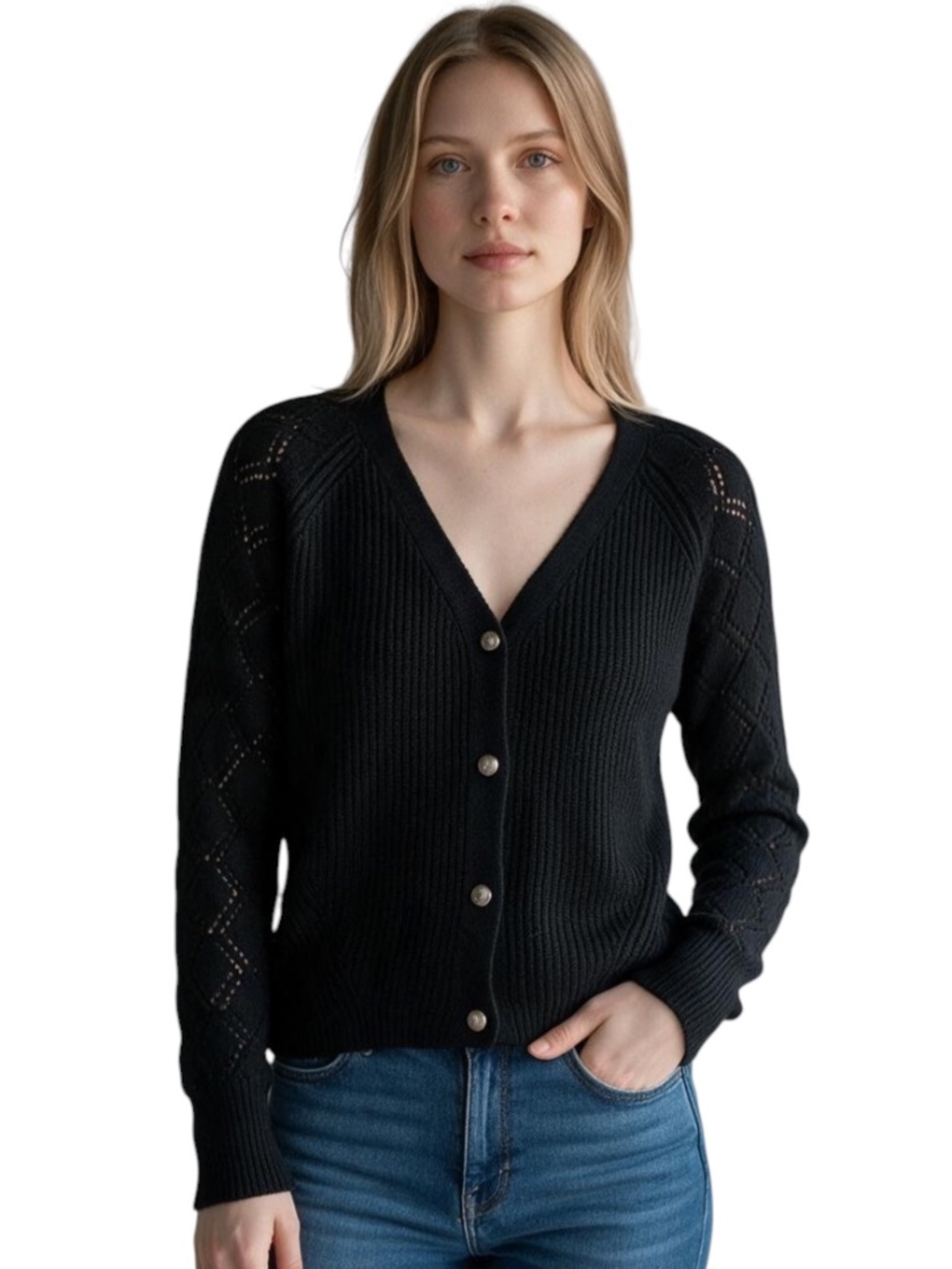 Black Pointelle Lantern-Sleeve Button-Front Cardigan – Size L